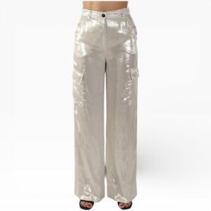 Marella Size 2 Metallic Ivory Cargo Wide Leg Pants NWT